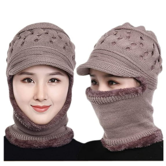 Womens Winter Warm Elastic Soft Ear Protection Knitted Scarf Mask hat Fleece Lined Beanie Hat one-Piece hat