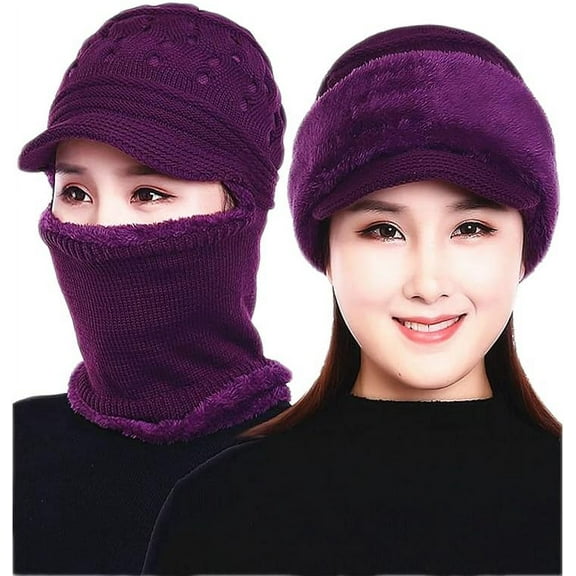 Womens Winter Warm Elastic Soft Ear Protection Knitted Scarf Mask hat Fleece Lined Beanie Hat one-Piece hat