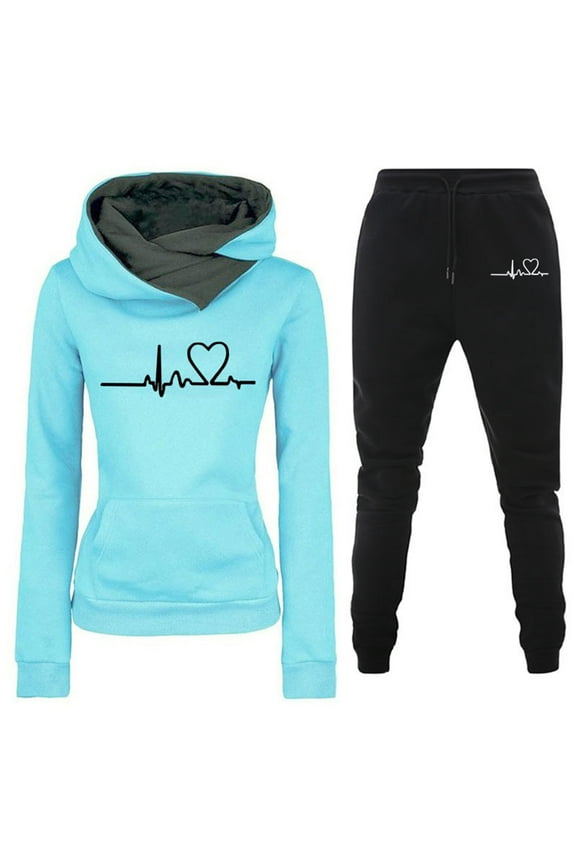 Womens Winter Warm Fleece Lined Two-piece Outfits Heartbeat Print Pullover Hoodies Sweatpants Set Pockets Tracksuits Womens Clothes