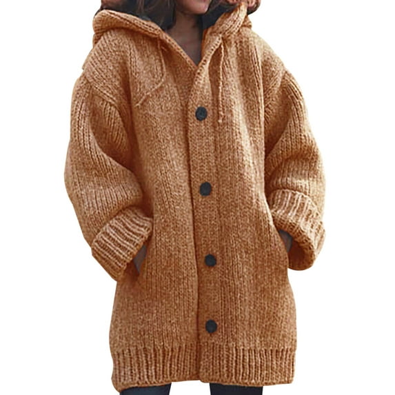 Womens Winter Warm Hooded Cardigans Casual Long Sleeve Button Up Cable Knit Sweater Coat Jacket Outwear with Pockets S-5XL