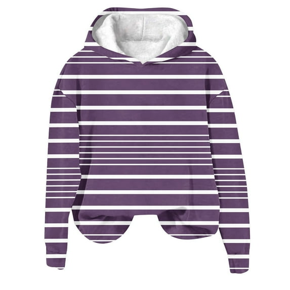 Womens Winter Warm Hoodies Long Sleeve Fleece Pullover Casual Loose Color Block Striped Floral Print Pullover Tops,Purple 2,2XL