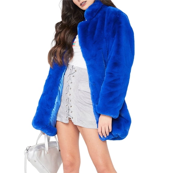 Womens Winter Warm Lapel Faux Fur with Inner Lining & Buttons Coats Blue M