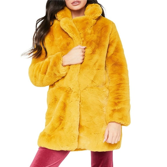 Womens Winter Warm Lapel Faux Fur with Inner Lining & Buttons Coats Yellow S