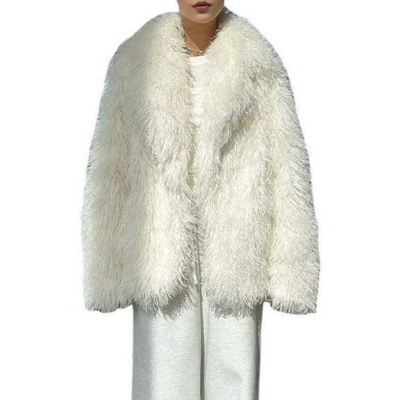 Womens Winter Warm Lapel Faux Fur with Inner Lining Coats Cream White L