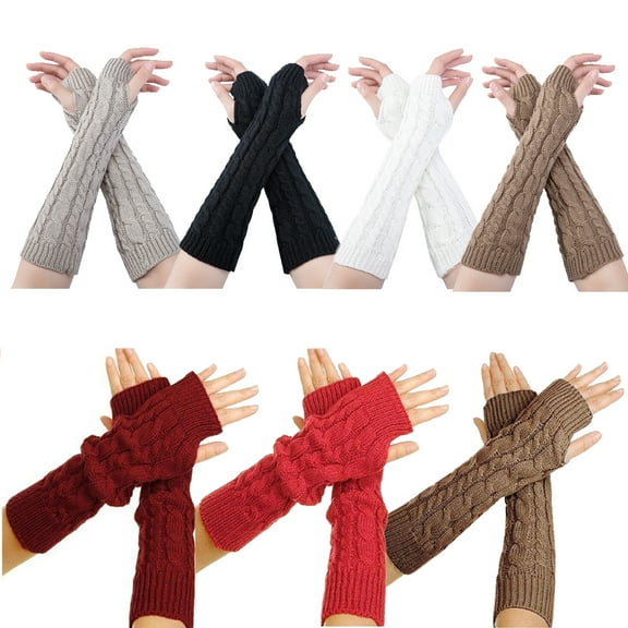Womens Winter Warm Over Elbow Long Fingerless Thumb Hole Gloves Mittens Knitted Arm Warmer