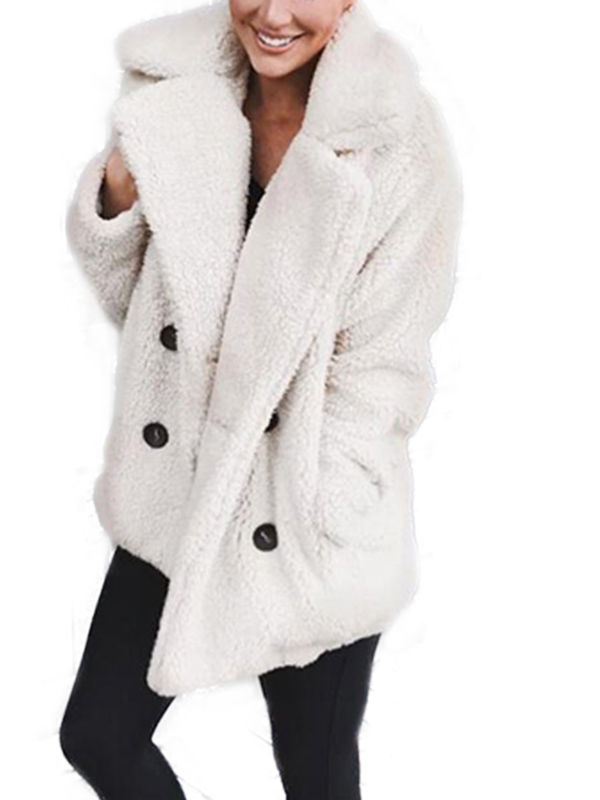 Womens Winter Warm Pocket Fluffy Coat Button Faux Fur Jackets Outerwear Jumper Casual - image 1 of 4