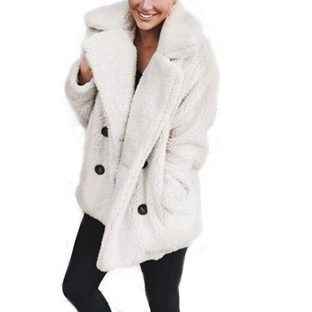 Womens Winter Warm Pocket Fluffy Coat Button Faux Fur Jackets Outerwear Jumper Casual