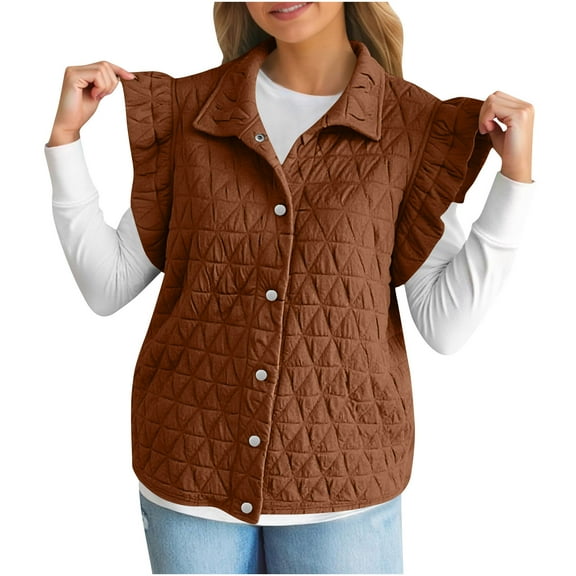 Womens Winter Warm Puffer Vest Jacket Casual Sleeveless Lightweight Quilted Coat Button Down Solid Color Lapel Outerwear