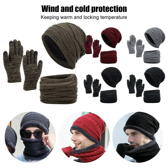 Womens Winter Warm Sets Knitted Fur Pompoms Beanie Hat Circle Loop Scarf Touch Screen Gloves Winter Favor Accessories