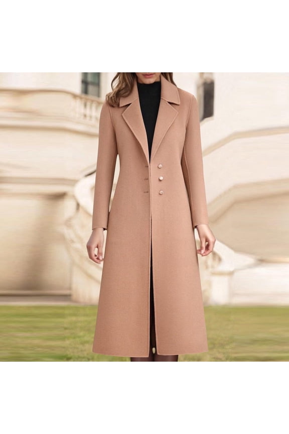 Womens Winter Wool Blend Camel Long Coat Notch Single-Breasted Lapel Jacket Outwear