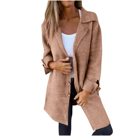 Womens Winter Wool Blend Pea Jackets Plus Size Solid Color Single Breasted Stand Collar Casual Trench Warm Coats Outwear,Khaki,XL