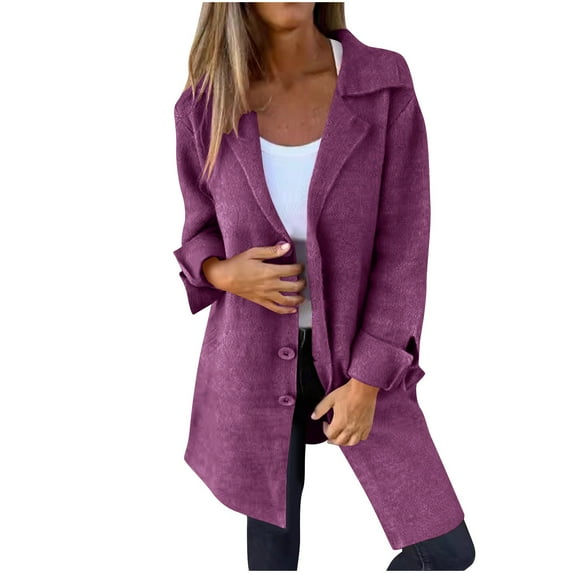 Womens Winter Wool Blend Pea Jackets Plus Size Solid Color Single Breasted Stand Collar Casual Trench Warm Coats Outwear,Purple,5XL