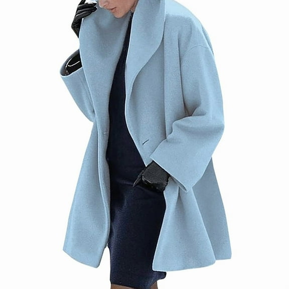 Womens Winter Wool Coat Trench Jacket Ladies Warm Slim Long Overcoat Outwear Sky Blue L
