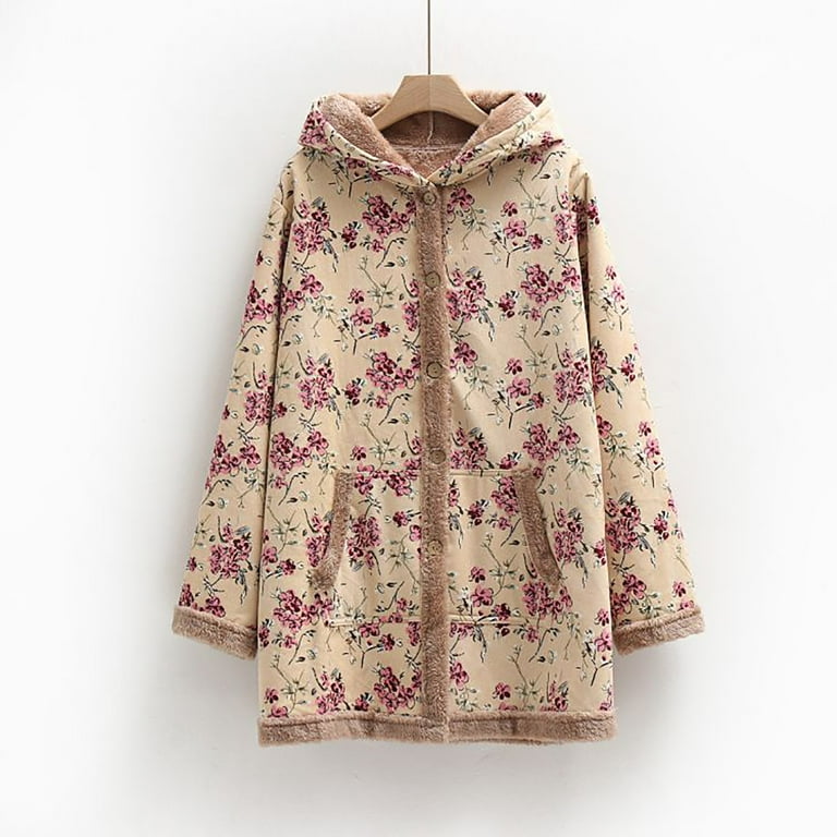 Womens Winter long coatr Warm Outwear Floral Print Hooded Pockets Vintage Oversize Windproof thickened warm Cardigan Jacket