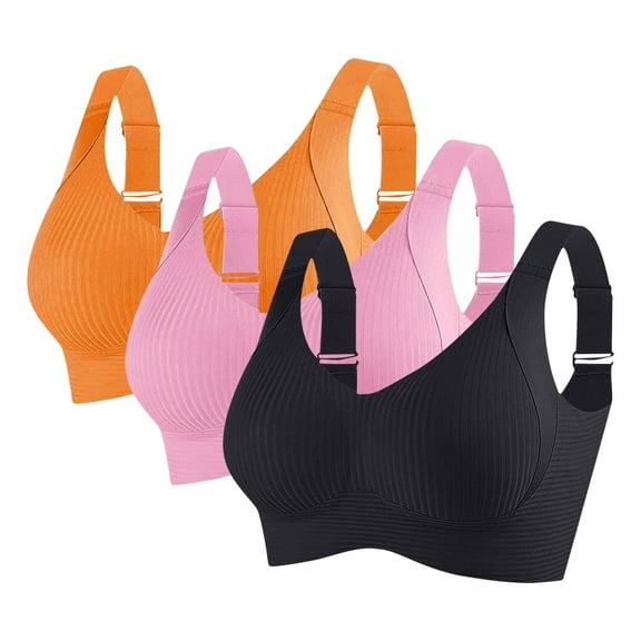 Womens Wirefree Sports Bra Bralette 3 Pack, Wireless Light Support Seamless for Yoga Lounge Everyday, Black, Nylon Spandex, Sizes M-XXXL,Size XL