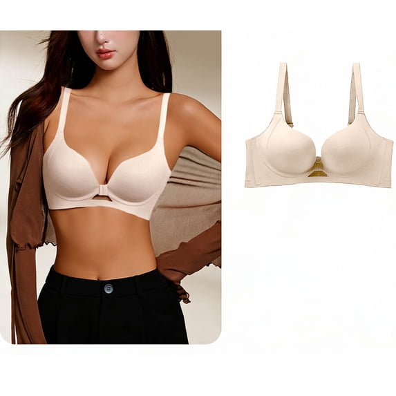 Womens Wireless Bra No Underwire Seamless Push Up Bra Comfort Full Coverage Padded Soft Vneck Everyday Bralette Beige M