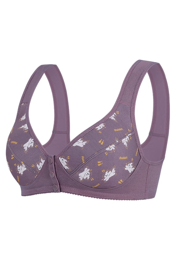 Womens Wireless Bras Front Closure Cotton Blend Full Coverage Cute Rabbit Print Bra Easy Close for Elderly Adaptive Purple S-XXXL,Size XL