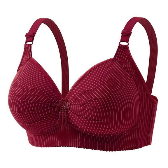 Womens Wireless Plus Size Bra Full Coverage Fashion Crystal Pendant Decor Striped Comfortable Push-up Daily Bras (2XL, Wine)