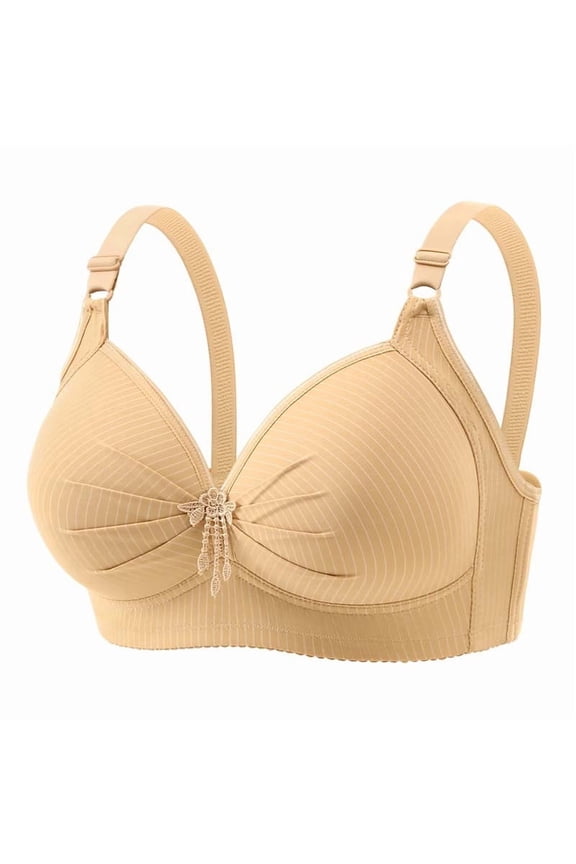 Womens Wireless Plus Size Bra Full Coverage Fashion Crystal Pendant Decor Striped Comfortable Push-up Daily Bras (S, Beige)