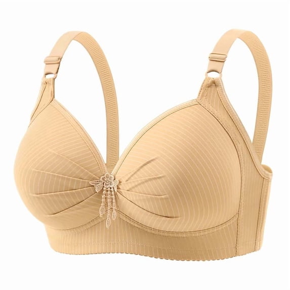 Womens Wireless Push-Up Bras Everyday Plus Size Full Coverage Bralette Ruched Striped Brassiere Underwear, 48/110BC Beige