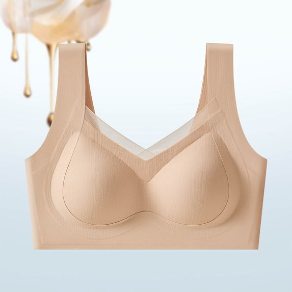 Womens Wireless Support Bra Wide Strap Mesh V-Neck Smoothing Shaping Everyday Brassiere Khaki Lace Bralette Tops for Lady M