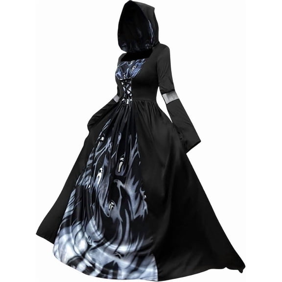 Womens Witch Costume Hooded Maxi Black Dress, Gothic Vampire Renaissance Gown, Medieval Bell Sleeve Lace-Up Halloween Cosplay Outfit