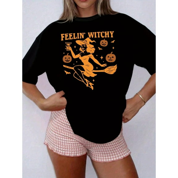 Womens Witch Halloween Graphic Tee Fashion T Shirt Tops Cotton Casual Short Sleeve Round Neck Black S-5XL