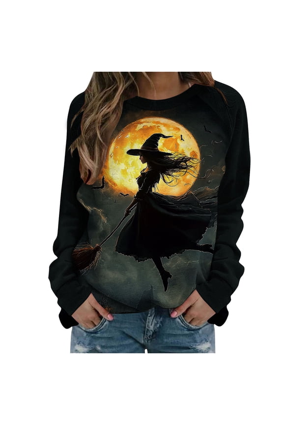 Womens Witch Halloween Sweatshirts Long Sleeve Funny Graphic Sweater Loose Pullover Crewneck T-Shirt Tops Black, XL