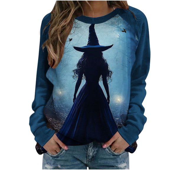 Womens Witch Halloween Sweatshirts Long Sleeve Funny Graphic Sweater Loose Pullover Crewneck T-Shirt Tops Blue, XL