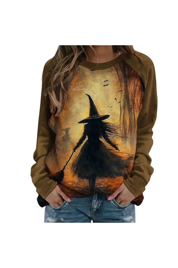 Womens Witch Halloween Sweatshirts Long Sleeve Funny Graphic Sweater Loose Pullover Crewneck T-Shirt Tops Brown, 2XL