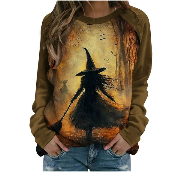 Womens Witch Halloween Sweatshirts Long Sleeve Funny Graphic Sweater Loose Pullover Crewneck T-Shirt Tops Brown, 4XL