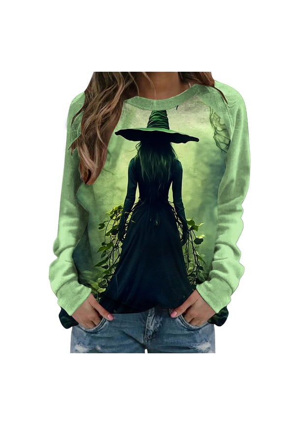 Womens Witch Halloween Sweatshirts Long Sleeve Funny Graphic Sweater Loose Pullover Crewneck T-Shirt Tops Green, 5XL