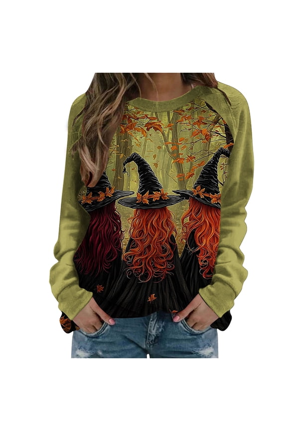 Womens Witch Halloween Sweatshirts Long Sleeve Funny Graphic Sweater Loose Pullover Crewneck T-Shirt Tops Orange, 3XL