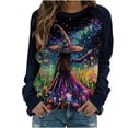 thumbnail image 1 of Womens Witch Halloween Sweatshirts Long Sleeve Funny Graphic Sweater Loose Pullover Crewneck T-Shirt Tops Purple, 4XL, 1 of 7