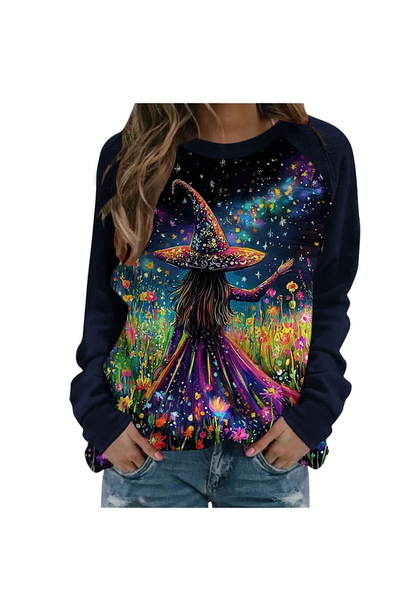 Womens Witch Halloween Sweatshirts Long Sleeve Funny Graphic Sweater Loose Pullover Crewneck T-Shirt Tops Purple, 4XL