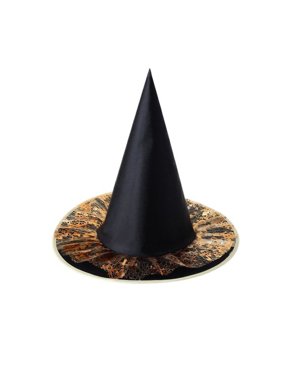 Womens Witch Hat Halloween Themed Outfit Accessories Wide Brim Cone Hats for Women Adults Role Play Party Props Black Wizard Hat Themed Outfit Headwear Gold