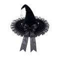 thumbnail image 1 of Womens Witch Hat with Organza Trim and Ribbon Tails, Wide Brim Pointed Cone Costume Hat, Wizard Headwear for Halloween Party Dress Up Cosplay Black, 1 of 5