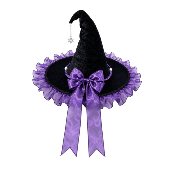 Womens Witch Hat with Organza Trim and Ribbon Tails, Wide Brim Pointed Cone Costume Hat, Wizard Headwear for Halloween Party Dress Up Cosplay Purple