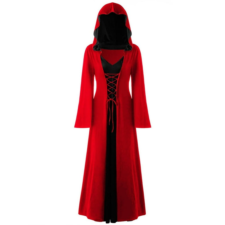 Womens Witch Hooded Halloween Dresses Plus Size Witch Hooded Dress Lace Up Patchwork Long Sleeve Medieval Maxi Dress