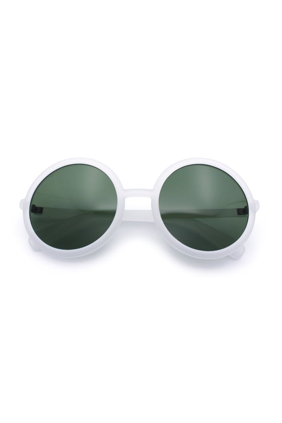 Womens Wizard Round Circle Lens Plastic Mod Fashion Sunglasses / White Frame - Green Lens