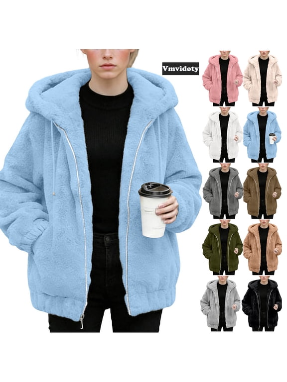 Womens and Womens' Plus Size Fuzzy Jacket Hooded Cardigan Open Front Sherpa Coat with Pockets Fall Winter Casual Travel Coats 2026, Lightweight Lounge Outwear Sky Blue 3XL