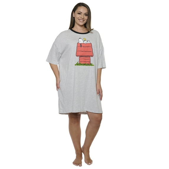 Womens & Womens Plus Size Peanuts Snoopy & Woodstock Sleep Shirt Pajamas Gray