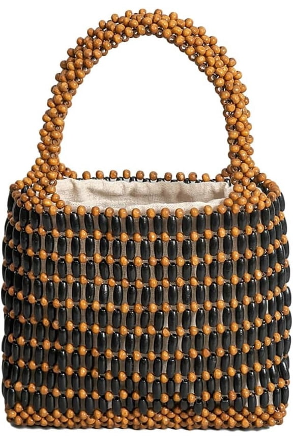 Womens Wood Beads Handbag Handmade Hollow Mini Hobo Purses Woven Summer Beach Small Totes Evening Bags for Wedding Party