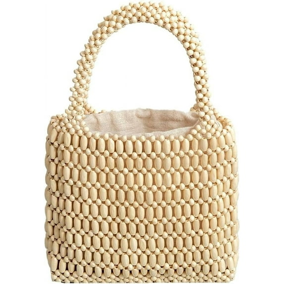 Womens Wood Beads Handbag Handmade Hollow Mini Hobo Purses Woven Summer Beach Small Totes Evening Bags for Wedding Party