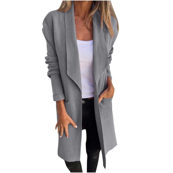 Womens Wool Blazer Cardigan Casual Office Lapel Business Outerwear Long Sleeve Mid Length Trench Coat Jackets (Gray 3XL)