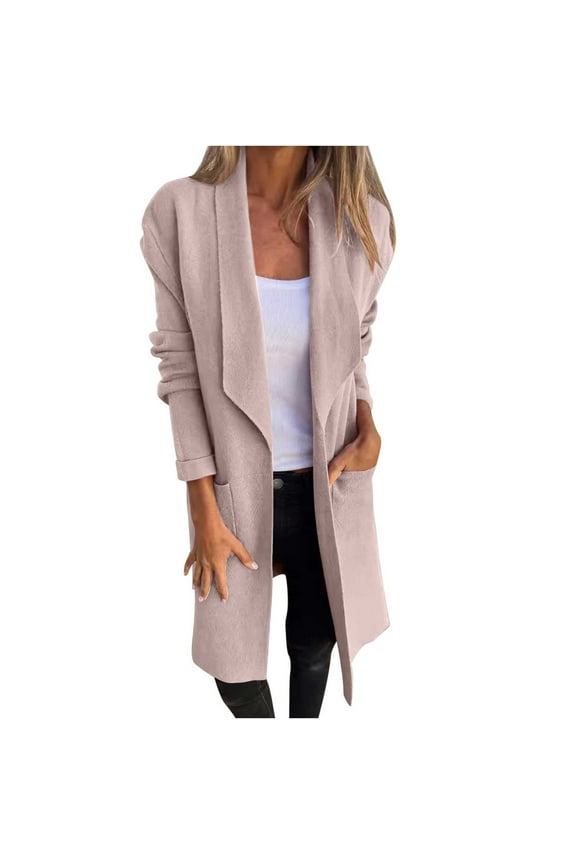Womens Wool Blazer Cardigan Casual Office Lapel Business Outerwear Long Sleeve Mid Length Trench Coat Jackets (Khaki M)