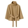thumbnail image 1 of Womens Wool Blend Coat Cloaks with Belt Stand Collar Cropped Poncho Trench Coat Batwing Sleeve Dressy Jacket (XL, Khaki), 1 of 6