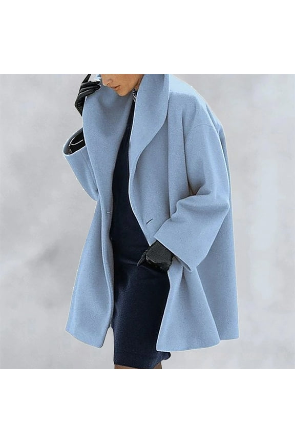 Womens Wool Blend Coat Single Breasted Trench Jackets with Hood Winter Casual Shawl Collar Overcoat Warm Outerwear Sky Blue M