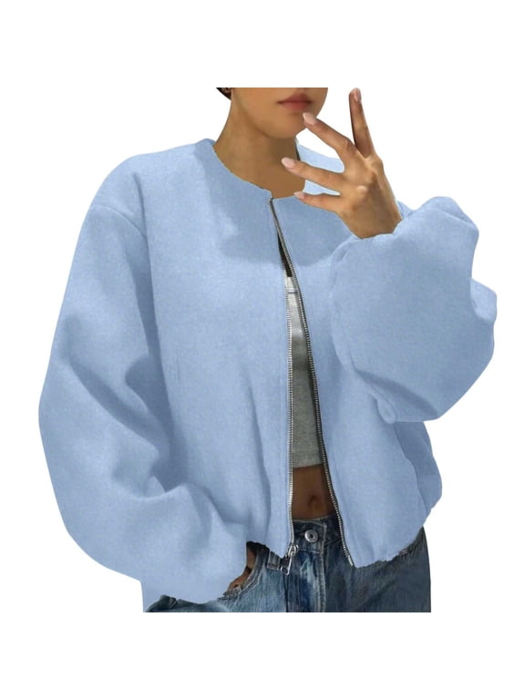 Womens Crop Bomber Jacket Wool Blend Full Zip Oversize Long Sleeve Hoodless Coat Casual Trendy Outerwear (2XL, Light Blue)