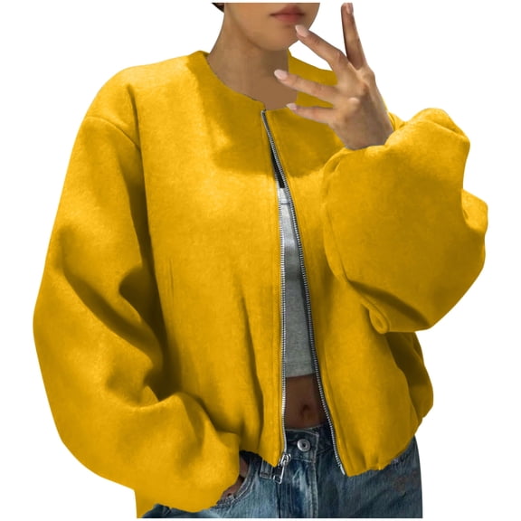 Womens Crop Bomber Jacket Wool Blend Full Zip Oversize Long Sleeve Hoodless Coat Casual Trendy Outerwear (XL, Yellow)
